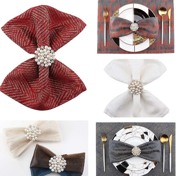 2 PCS Pearl Rhinestone Napkin Rings Holder Gems Holiday Decoration 1 ¾" x 1 ¾" - Picture 5 of 5